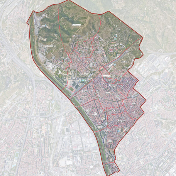 Ortofoto de la ciudad de Santa Coloma de Gramenet. Aparecen las divisiones administrativas.
